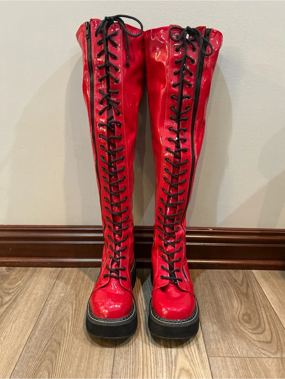 Demonia Emily-375 Red Patent Knee High Platform Lace Up Boots Womens 12